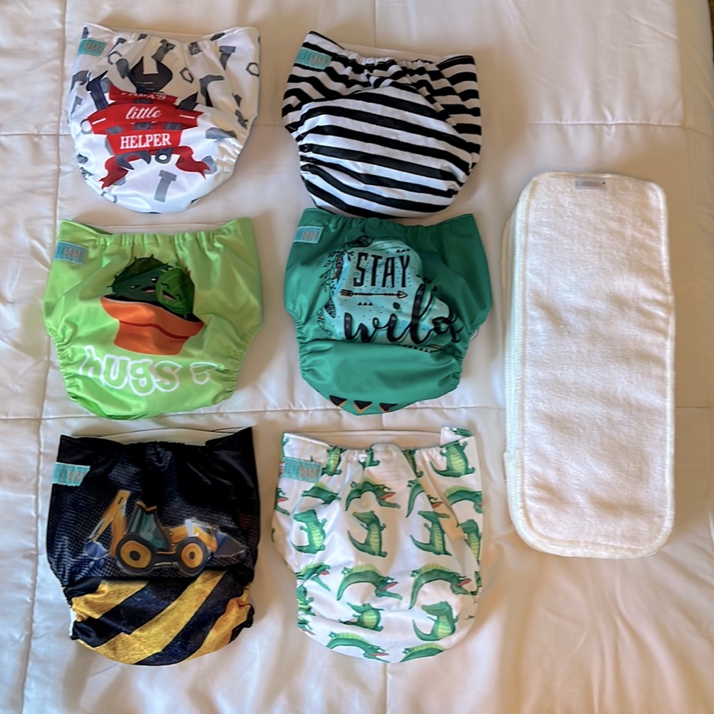 6 NEW Alva Baby pocket diapers + 12 microfiber inserts